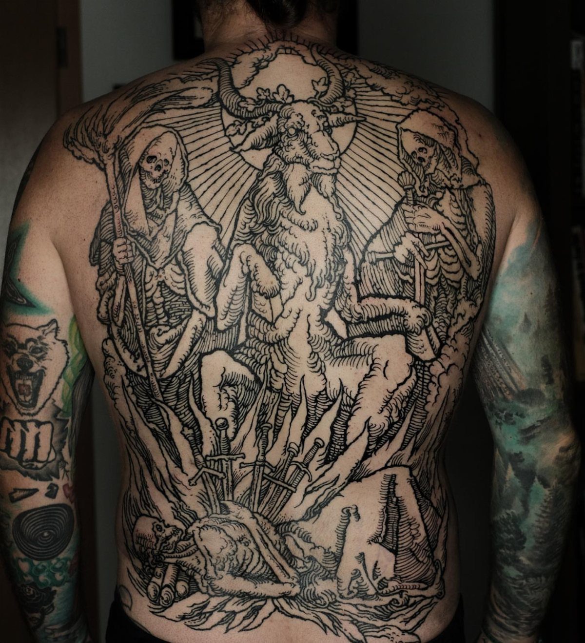 12 Back Tattoo Goth Styles for Spine, Skulls, and Full Backpieces 10 Large black ink gothic back tattoo featuring a goat, skeletal figures, and swords.