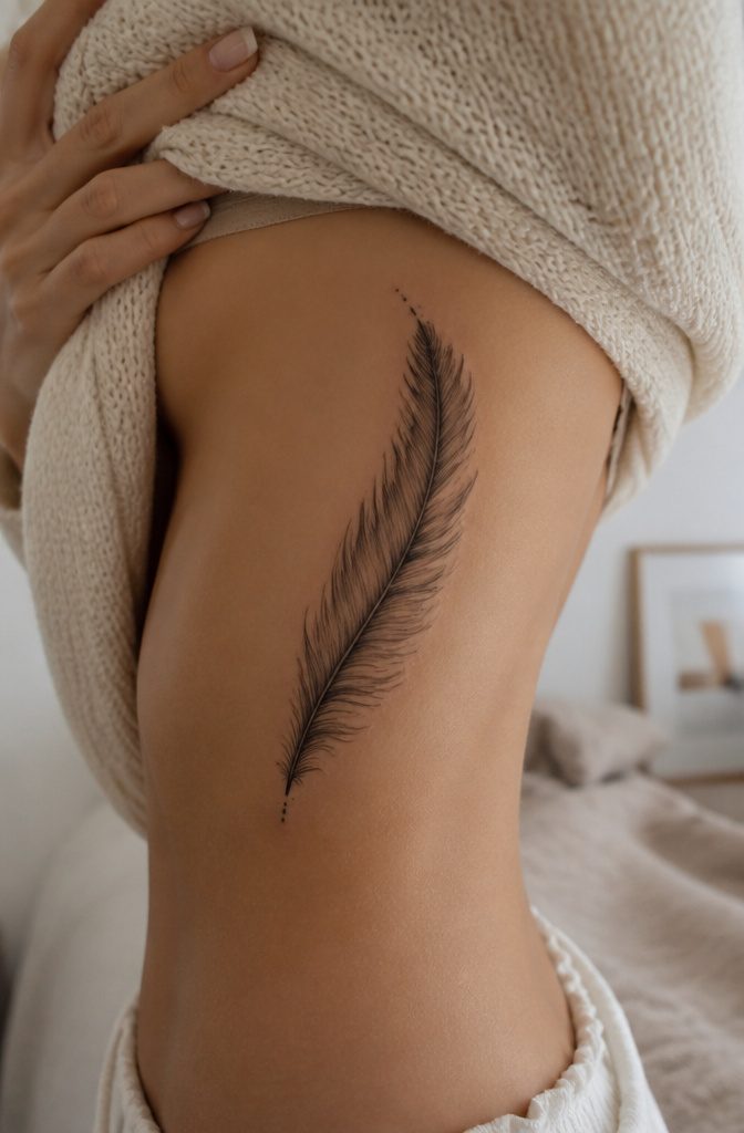 19 Rib Tattoos for Women: Ideas from Floral to Fine Line 13 Feather tattoo on a woman's ribcage in natural light.