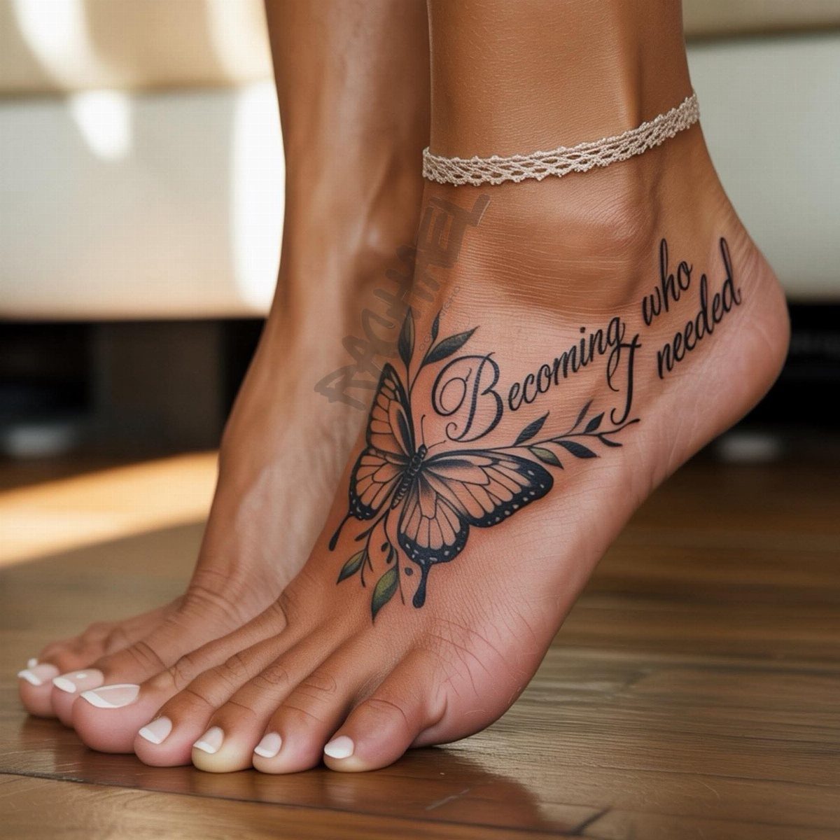 14 Places for a Tattoo for Women: From Ankle to Neck 8 A foot with a butterfly tattoo and cursive text on a wooden floor.