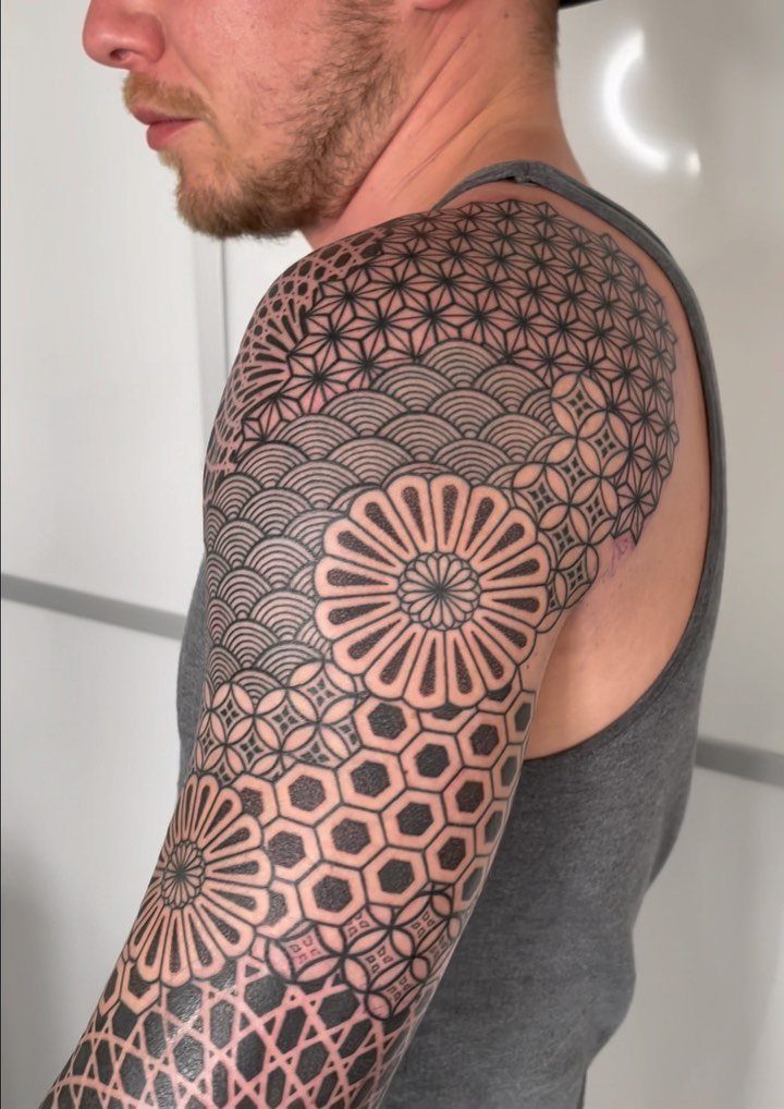 Tattoo Pattern Abstract: 10 Design Ideas for Your Next Ink 2 A man's arm covered in a detailed blackwork geometric abstract pattern tattoo.