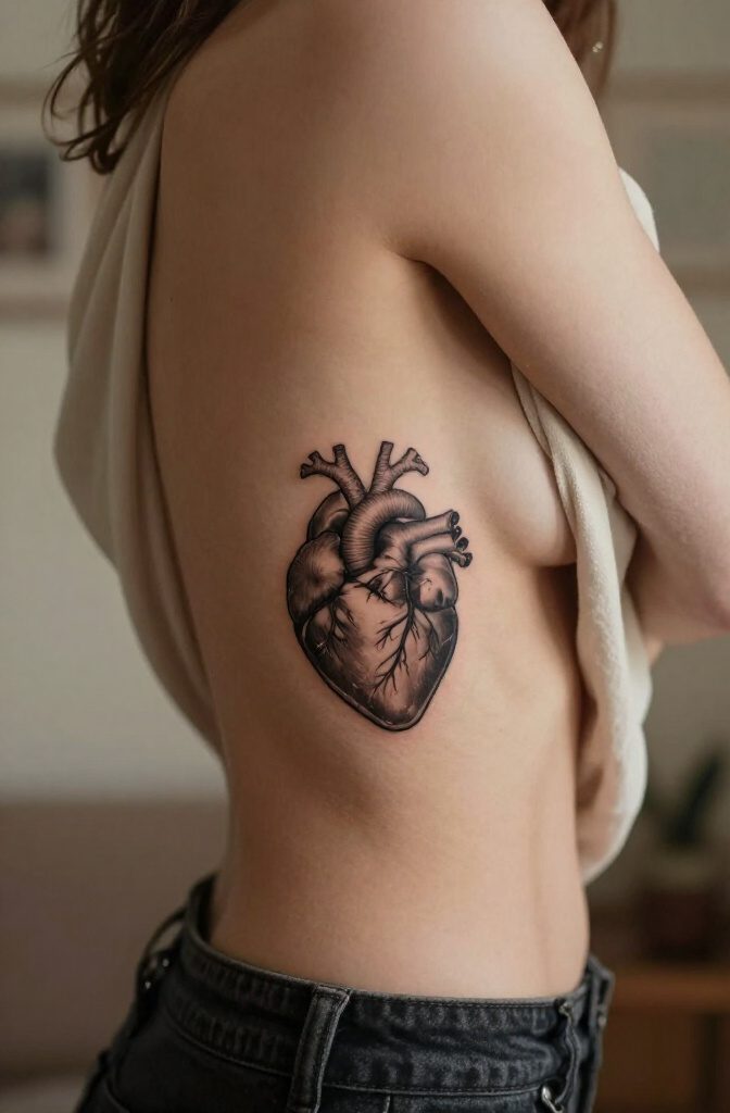 19 Rib Tattoos for Women: Ideas from Floral to Fine Line 15 Anatomical heart tattoo on a woman's ribcage.