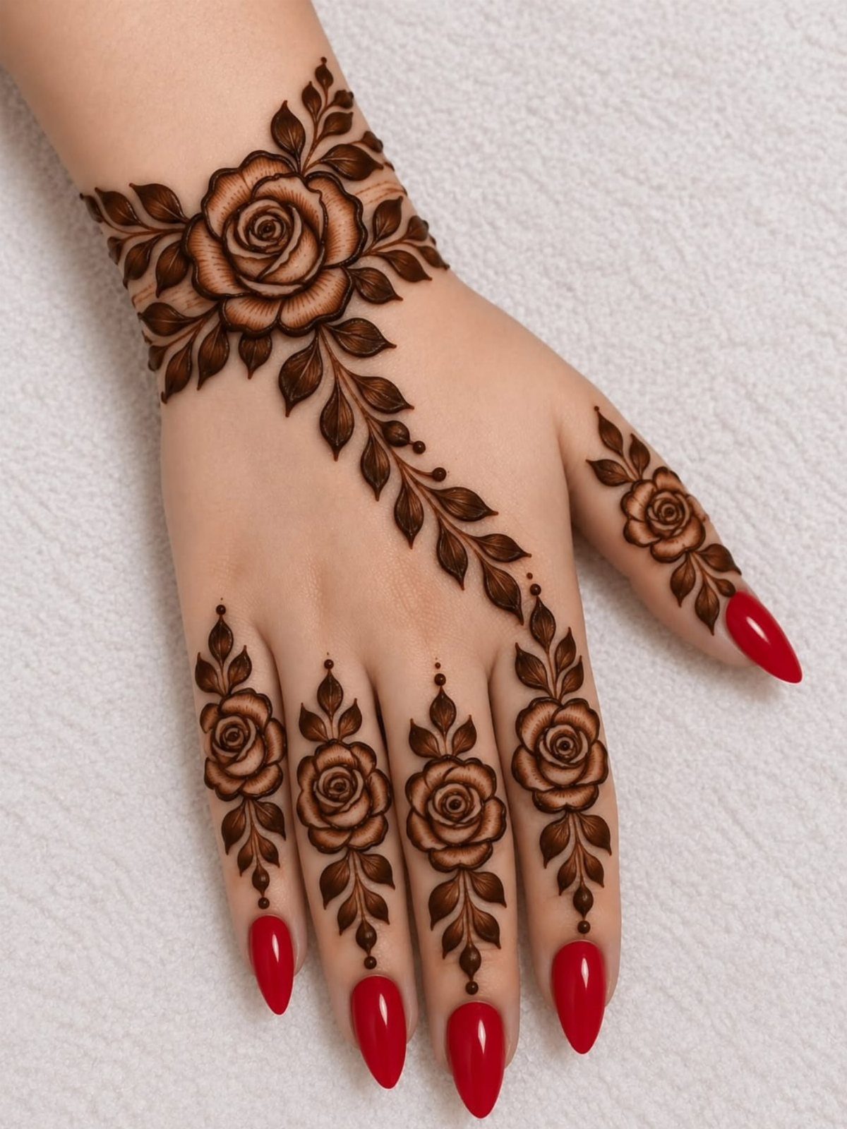 Tattoo Style for Hand: 8 Designs That Work on This Spot 3 A hand decorated with intricate reddish-brown henna rose and leaf patterns and red nails.