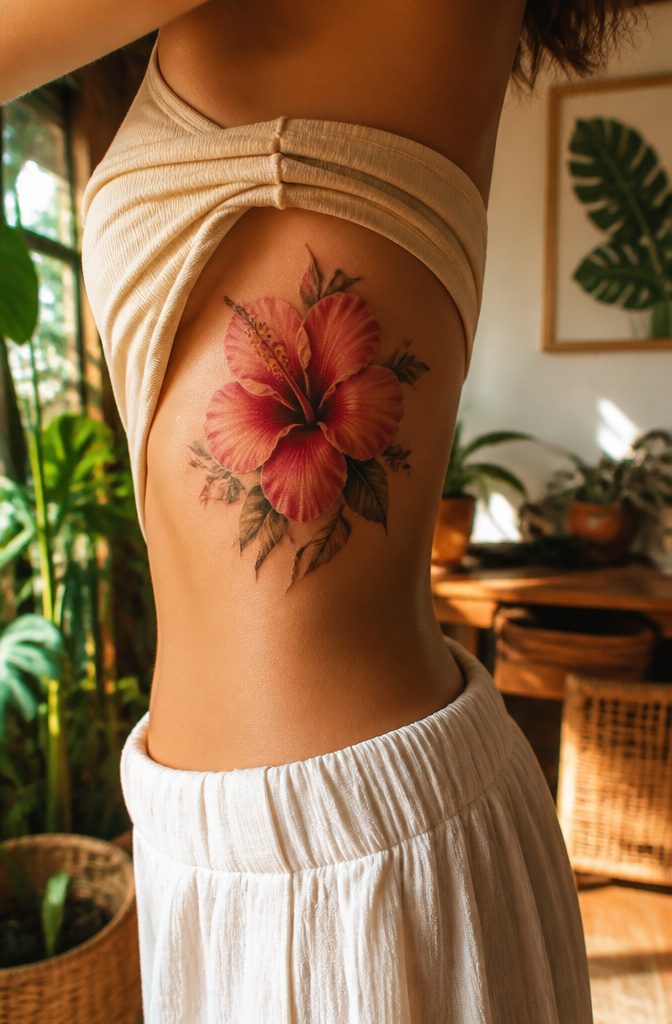 19 Rib Tattoos for Women: Ideas from Floral to Fine Line 18 Hibiscus tattoo on a woman's ribcage.