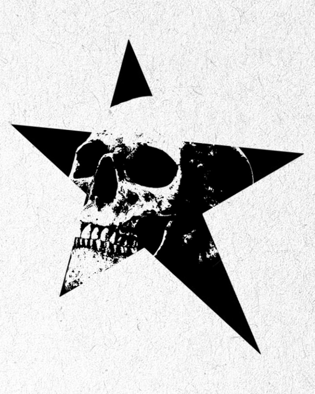 A high contrast black and white skull graphic centered inside a large five-pointed star.