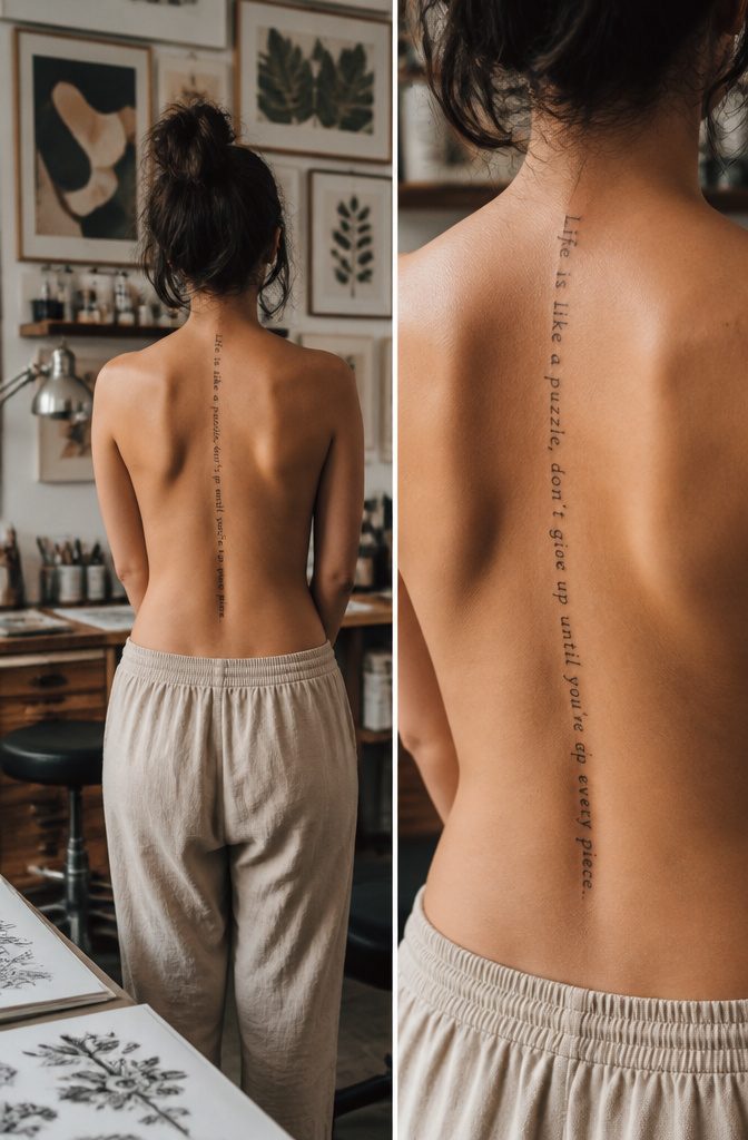 Spine Tattoo Quotes: Ideas for Women, Men and Small Lettering 8 Example of text placement on a spine highlighting letter spacing.
