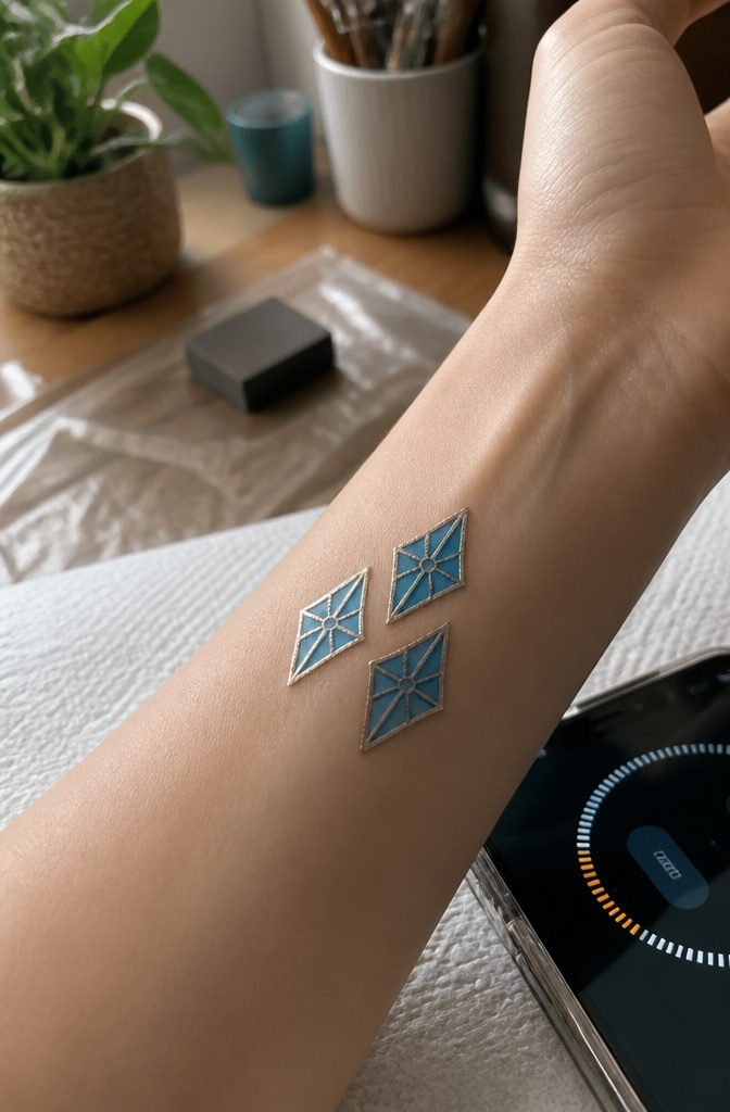 A wrist with a newly applied Rarity cutie mark tattoo waiting to set.