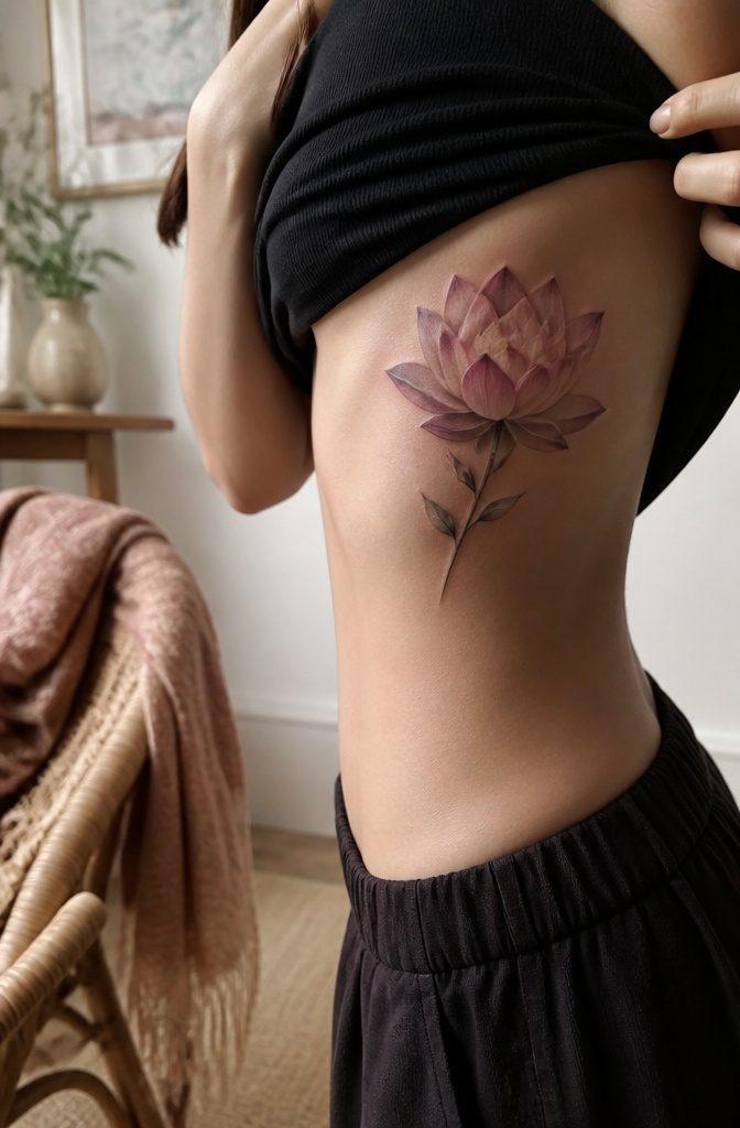 19 Rib Tattoos for Women: Ideas from Floral to Fine Line 14 Lotus flower tattoo on a woman's ribcage.