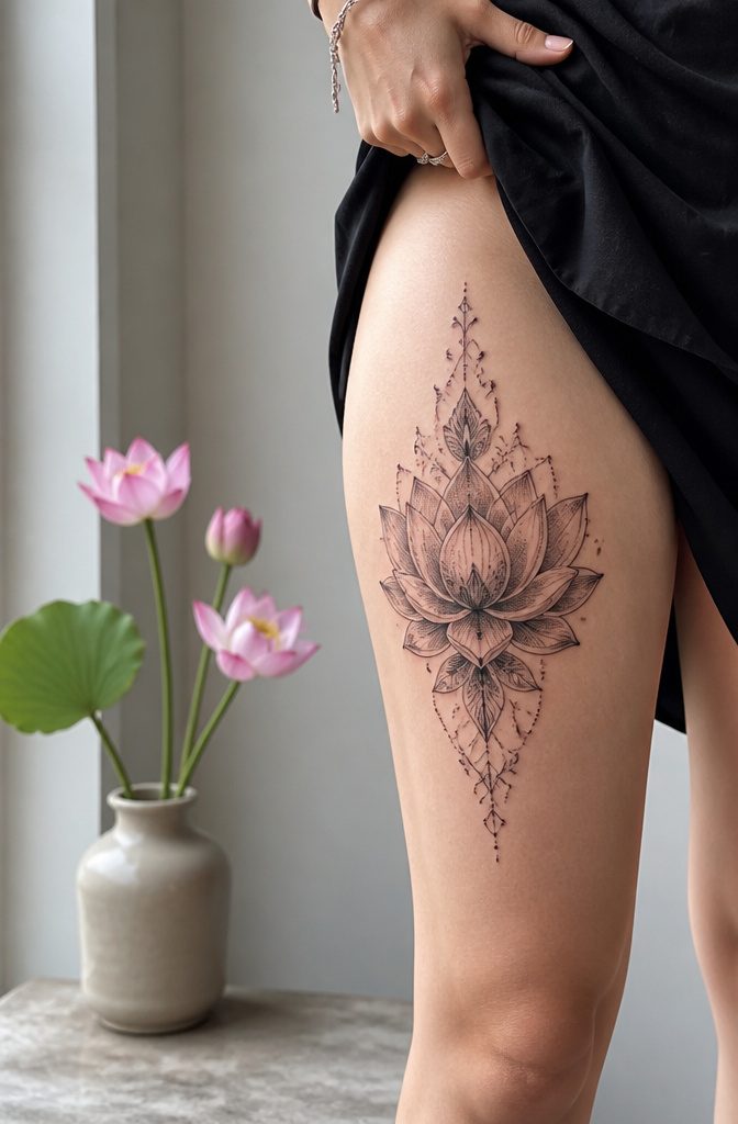 8 Side Thigh Flower Tattoos for Women (Ideas, Pain Guide & Styles) 4 Close-up of a lotus thigh tattoo featuring detailed symmetrical design.