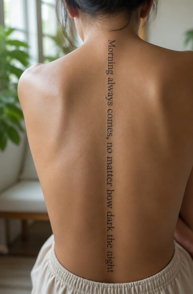 Spine Tattoo Quotes: Ideas for Women, Men and Small Lettering 5 Close-up of a spine tattoo with modern serif lettering.