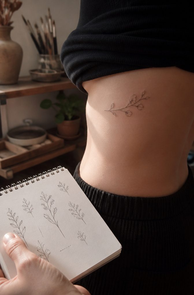 19 Rib Tattoos for Women: Ideas from Floral to Fine Line 6 Close-up of a minimalist tattoo on a woman's ribcage.