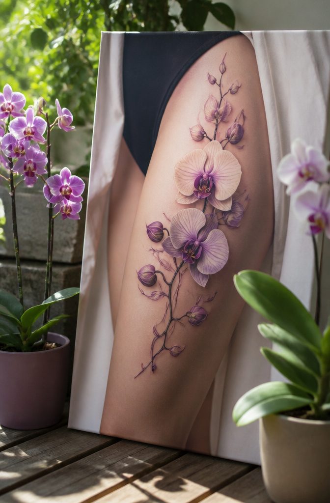 8 Side Thigh Flower Tattoos for Women (Ideas, Pain Guide & Styles) 7 Close-up of an orchid thigh tattoo featuring delicate details and colors.