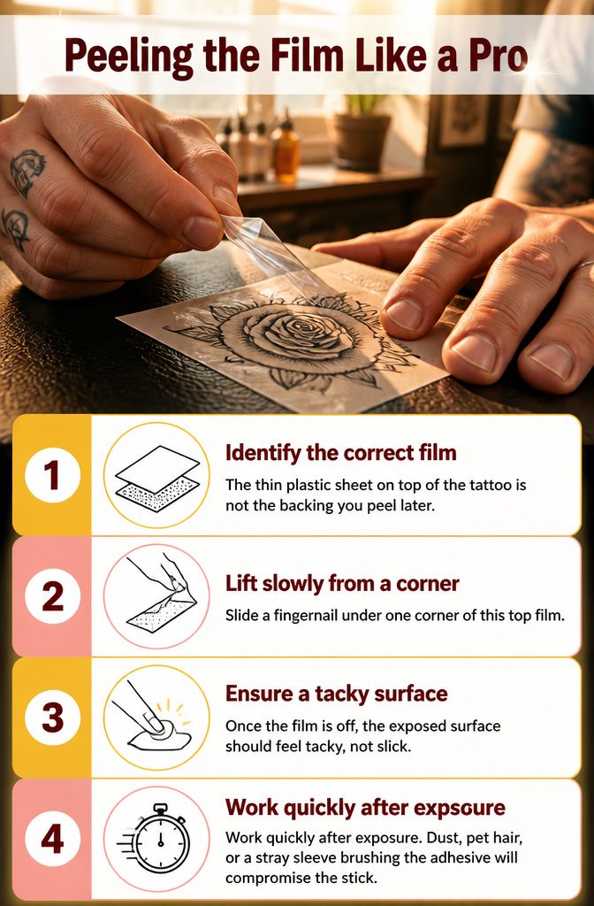 An information image demonstrating how to peel the film from the tattoo.