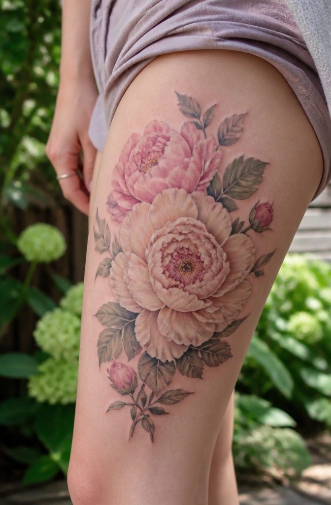 8 Side Thigh Flower Tattoos for Women (Ideas, Pain Guide & Styles) 3 Close-up of a peony thigh tattoo showcasing intricate petal details.