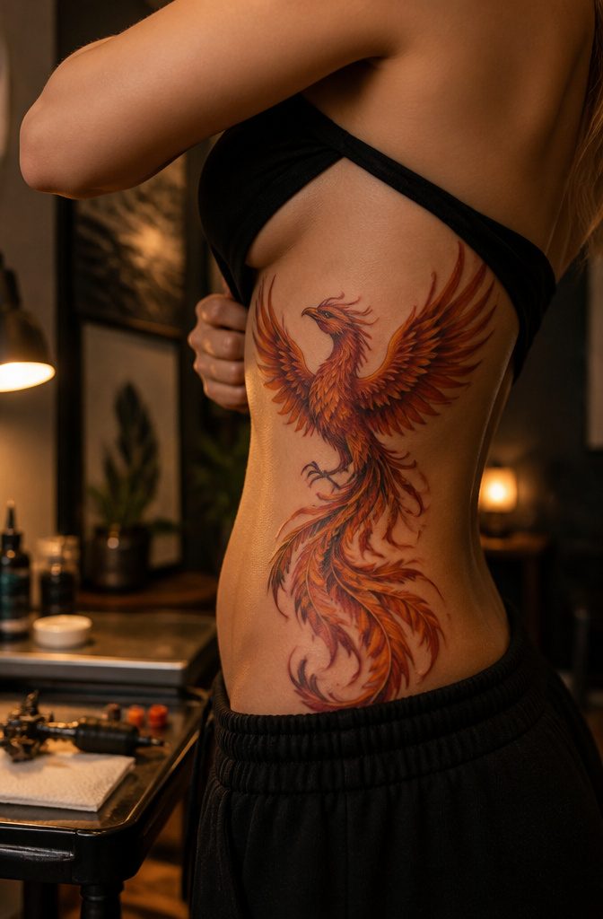 19 Rib Tattoos for Women: Ideas from Floral to Fine Line 10 Phoenix tattoo on a woman's ribcage in a softly lit studio.