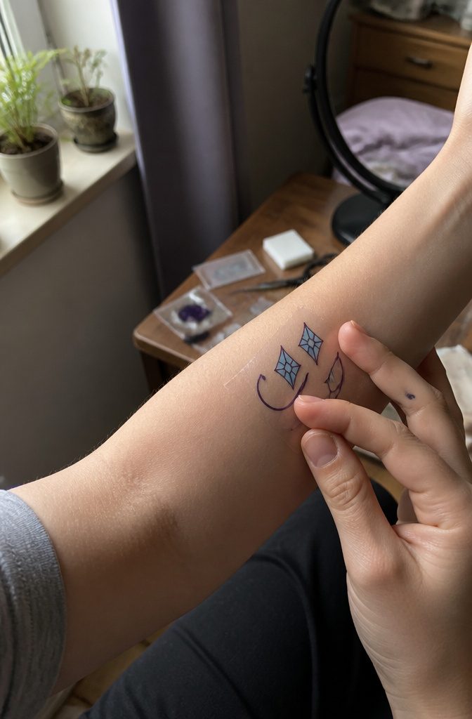 A hand pressing a Rarity cutie mark tattoo onto forearm skin.