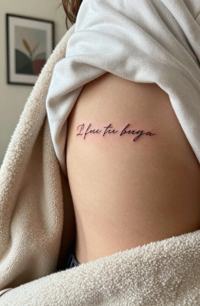 19 Rib Tattoos for Women: Ideas from Floral to Fine Line 4 Phrase tattoo on a woman's ribcage in natural lighting.