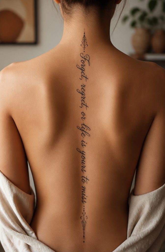 Spine Tattoo Quotes: Ideas for Women, Men and Small Lettering 2 Detailed view of a spine tattoo with flowing script lettering.