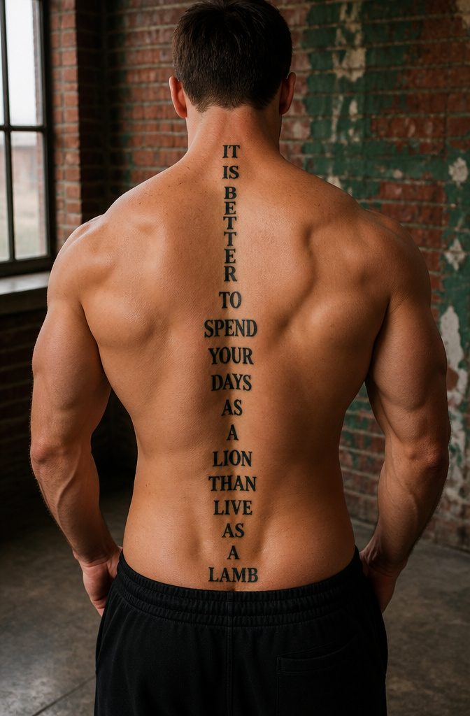Spine Tattoo Quotes: Ideas for Women, Men and Small Lettering 4 Muscular back tattoo featuring a strong quote in serif font.