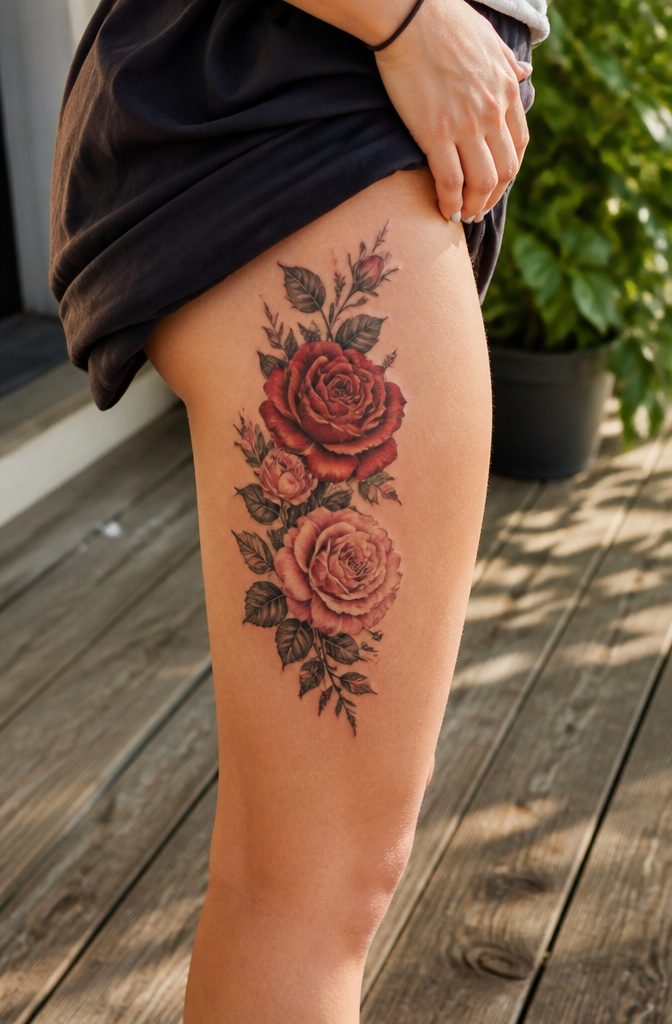 8 Side Thigh Flower Tattoos for Women (Ideas, Pain Guide & Styles) 2 Close-up of a rose thigh tattoo with detailed linework and vibrant colors.