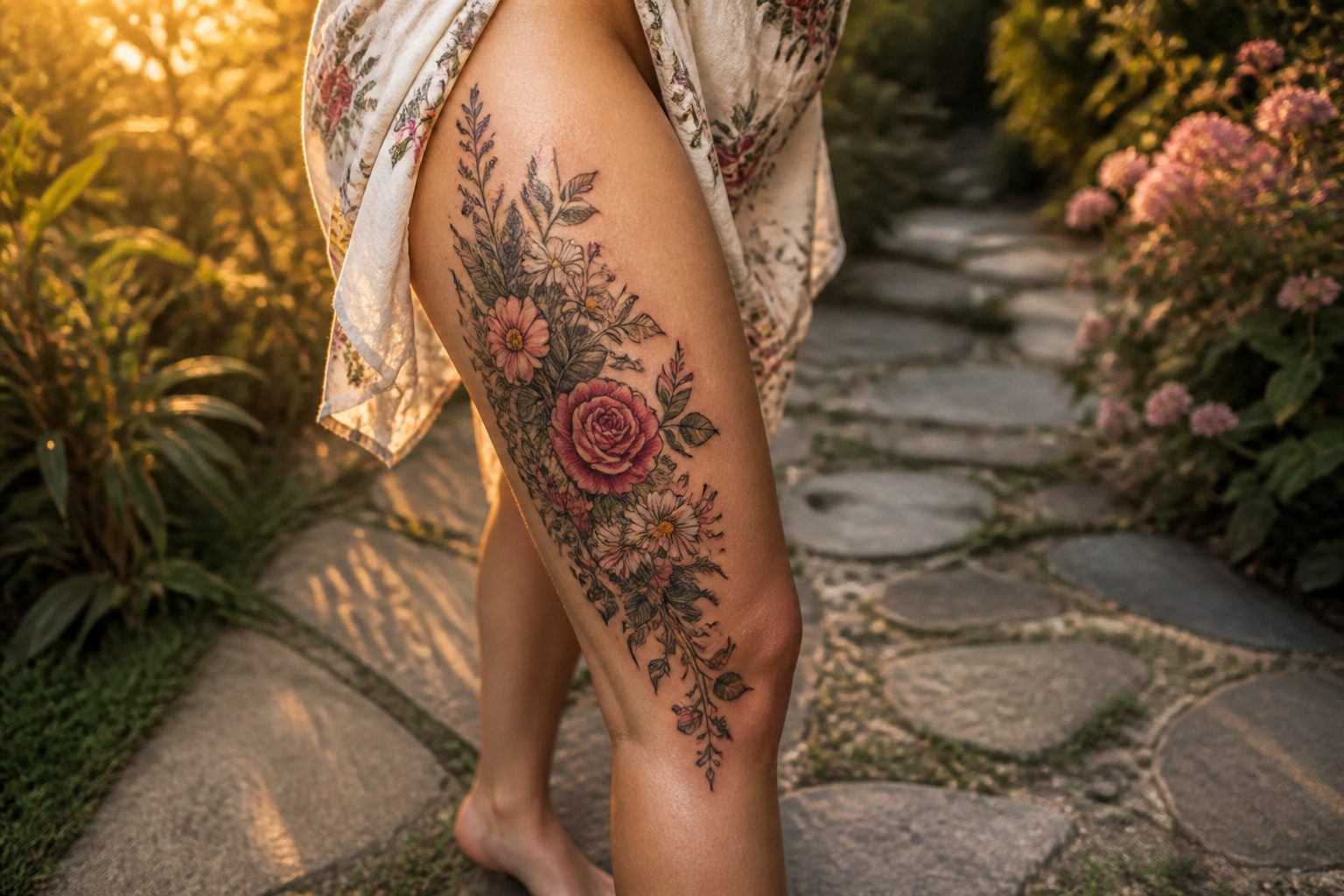 Models showcasing various colorful flower tattoos on their thighs.