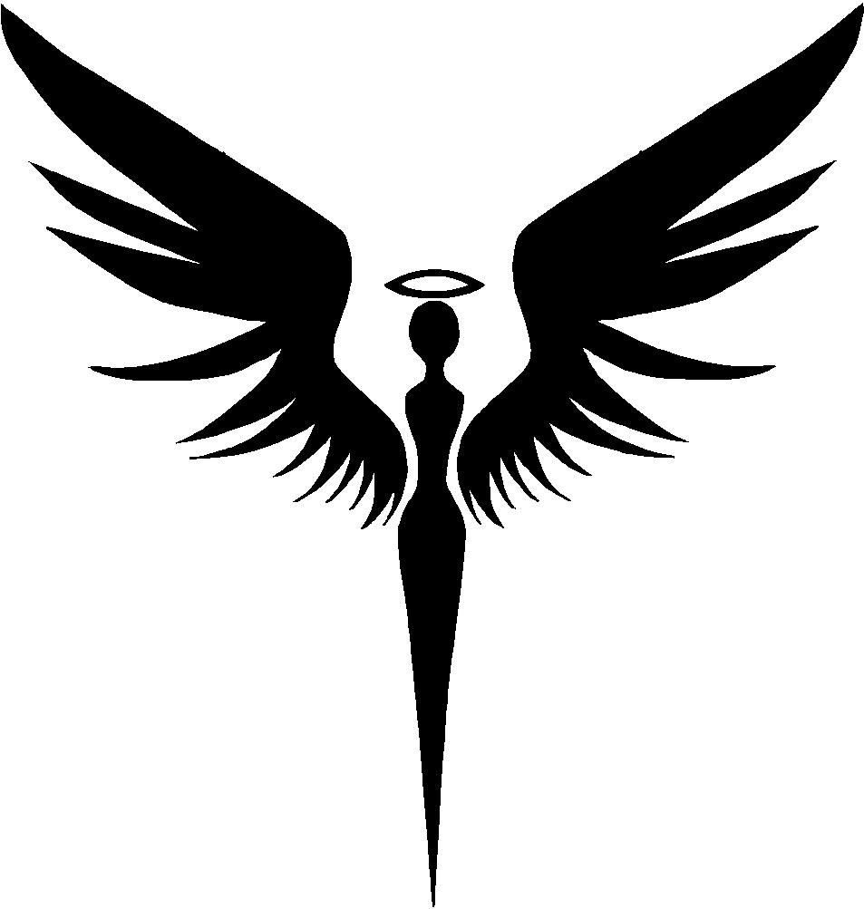 High Contrast Tattoo Design: 8 Bold Ideas That Read From Any Distance 2 Black silhouette of a winged female figure with a halo on a white background.