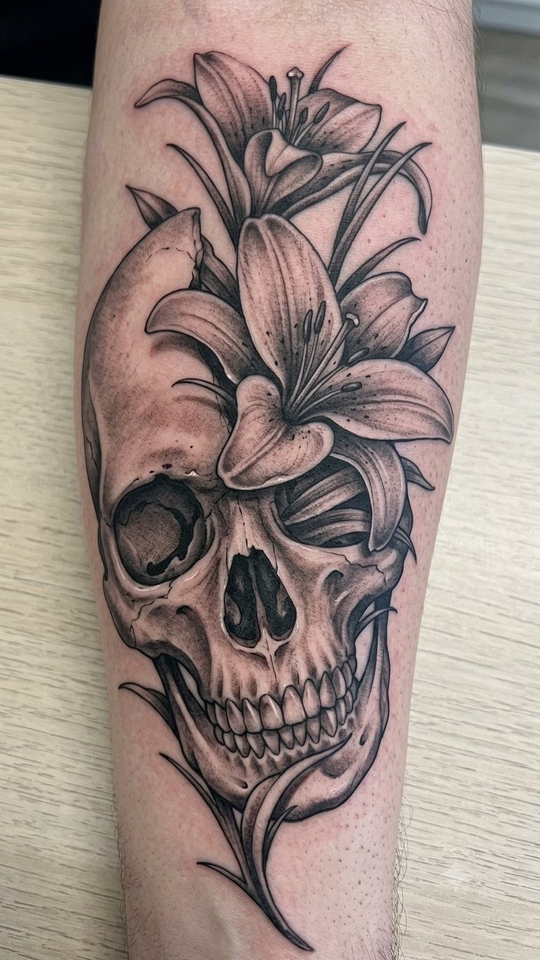 High Contrast Tattoo Design: 8 Bold Ideas That Read From Any Distance 3 A black and grey tattoo of a skull decorated with large lily flowers on a person's arm.