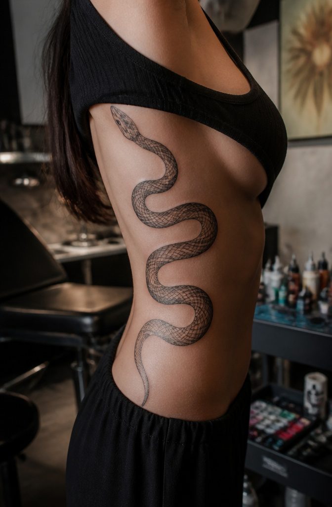 19 Rib Tattoos for Women: Ideas from Floral to Fine Line 19 Snake tattoo on a woman's ribcage in soft light.