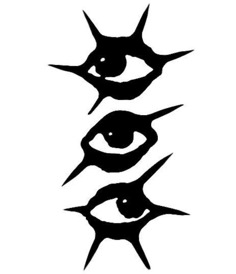 High Contrast Tattoo Design: 8 Bold Ideas That Read From Any Distance 7 Three black ink stylized eye designs with sharp, thorn-like lashes on a white background.