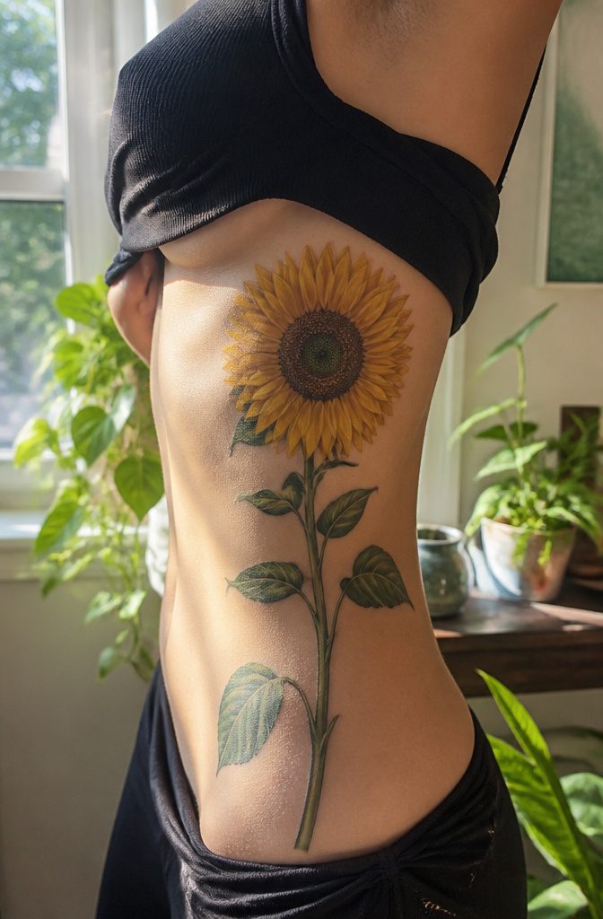 19 Rib Tattoos for Women: Ideas from Floral to Fine Line 17 Sunflower tattoo on a woman's ribcage in a sunlit studio.