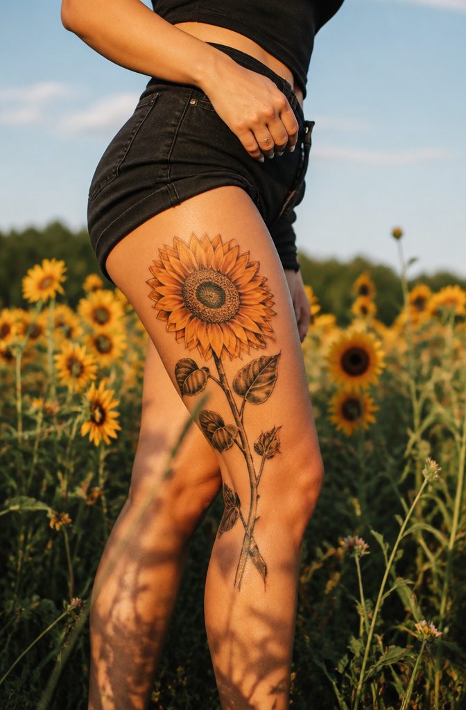 8 Side Thigh Flower Tattoos for Women (Ideas, Pain Guide & Styles) 5 Close-up of a sunflower thigh tattoo with bright petals and strong lines.