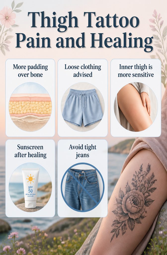 8 Side Thigh Flower Tattoos for Women (Ideas, Pain Guide & Styles) 10 Graphic detailing thigh tattoo pain and healing advice.