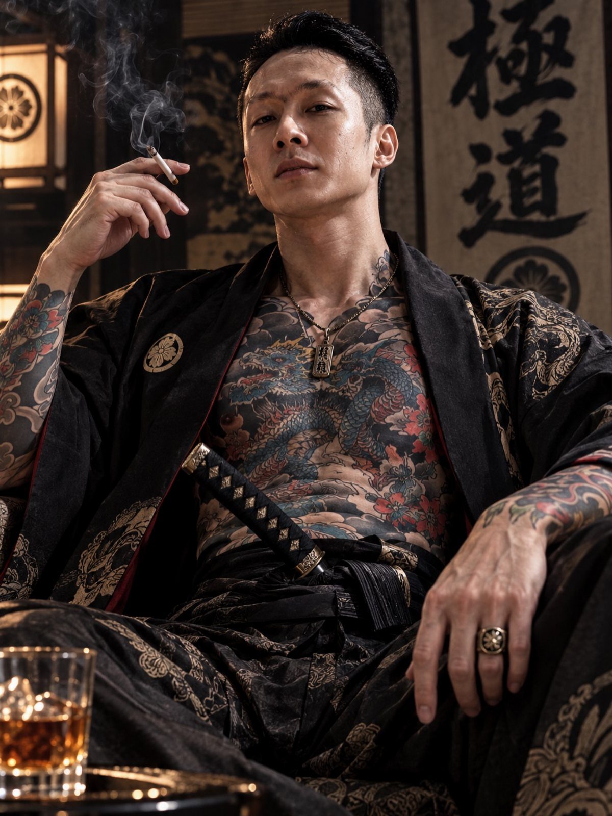 Japanese Tattoo Style: 14 Iconic Motifs and Where They Go 15 A man with extensive traditional Japanese tattoos across his chest and arms sitting in a kimono.