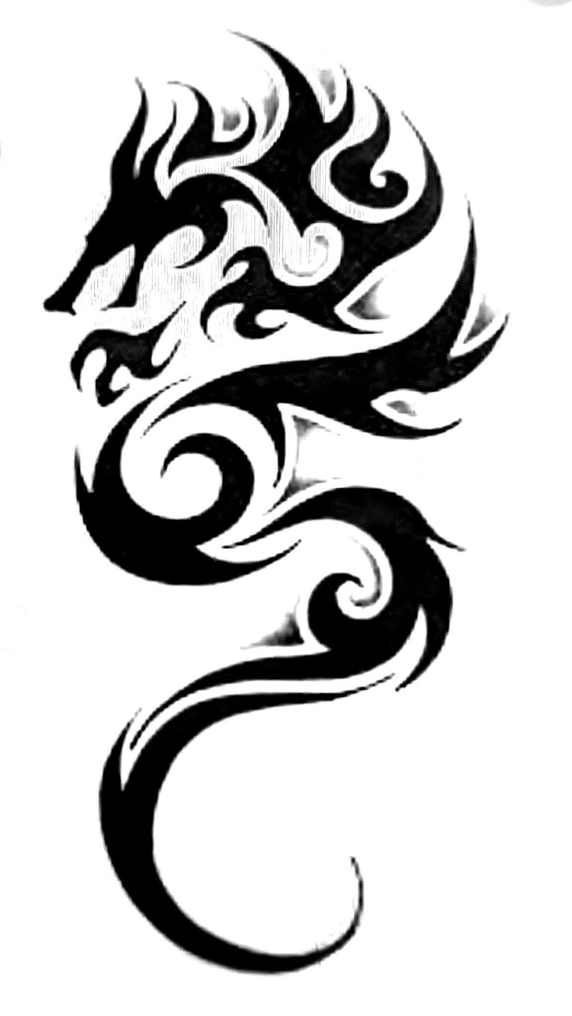 Tattoo Pattern Dragon: 11 Ideas for Ink That Follows the Body 5 A black tribal dragon tattoo design with flowing, stylized silhouette lines on white.