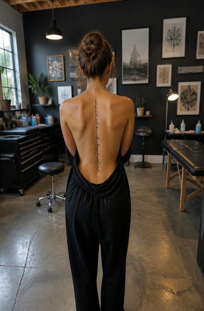 Spine Tattoo Quotes: Ideas for Women, Men and Small Lettering 7 Illustration showing text along a straight spine.