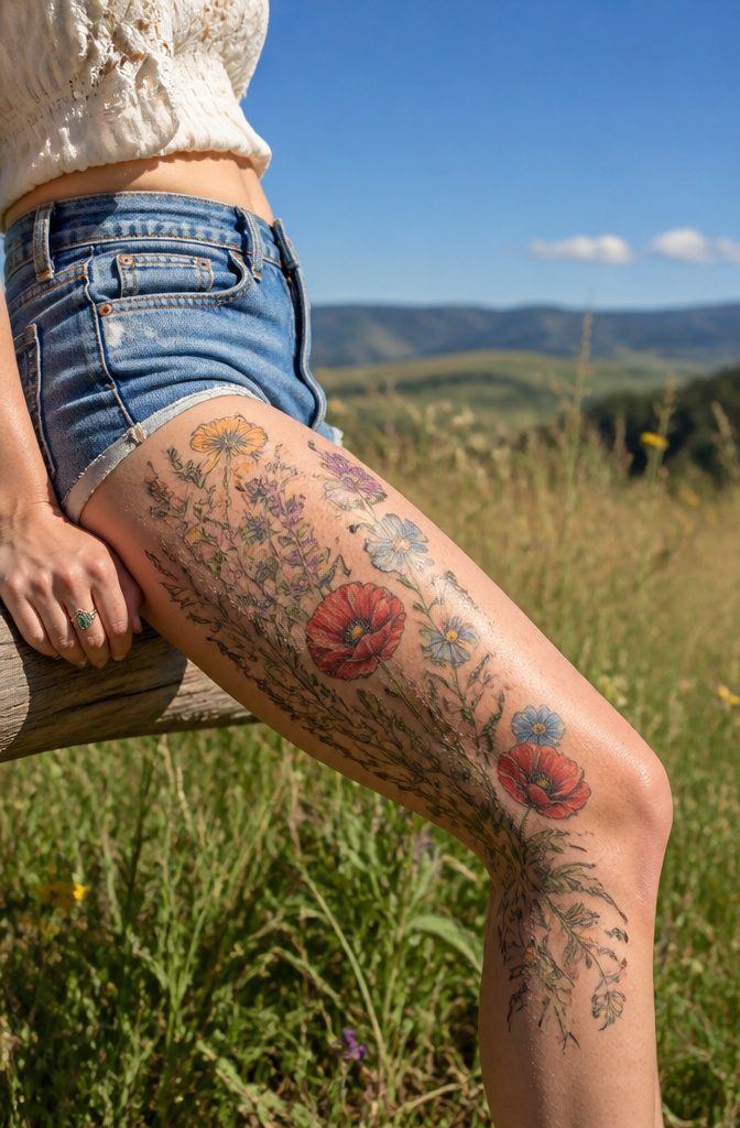 8 Side Thigh Flower Tattoos for Women (Ideas, Pain Guide & Styles) 9 Close-up of a wildflower thigh tattoo with various colorful blooms.